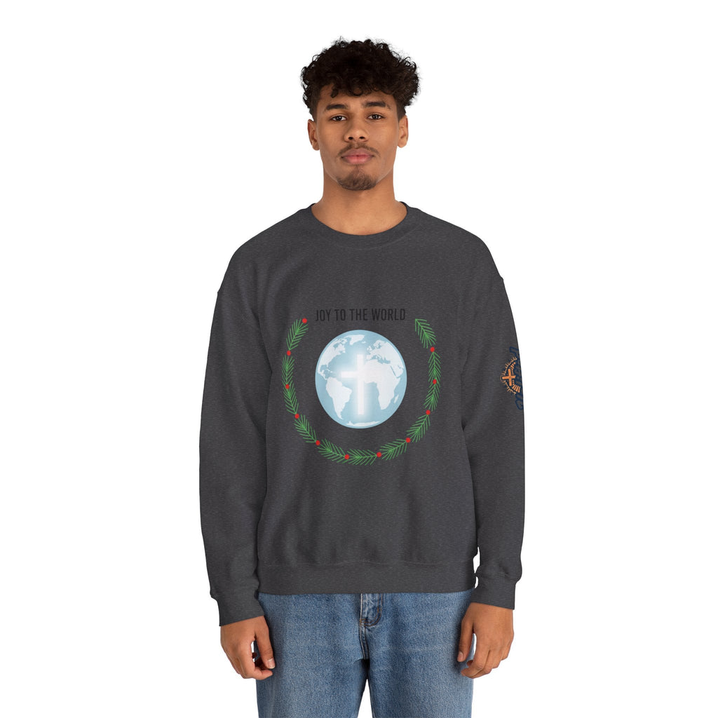 Joy to the World Sweatshirt – Wreath Earth Nativity Christian Christmas Sweatshirt for Isaiah 9:6 Holiday Faith & Festive Joy Printify