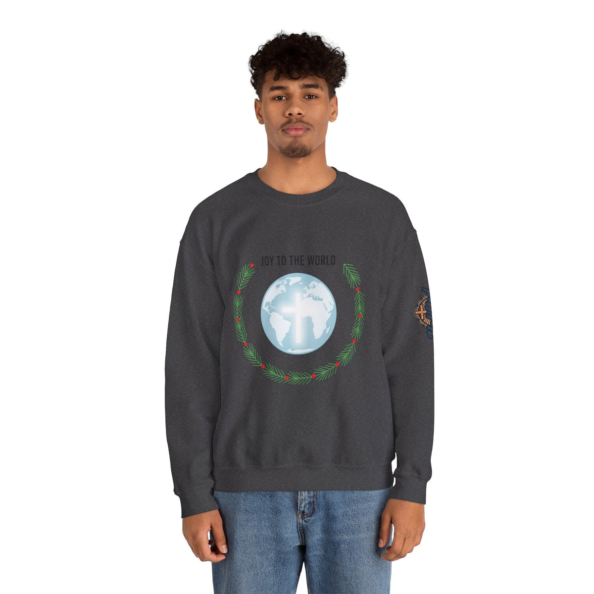 Joy to the World Sweatshirt – Wreath Earth Nativity Christian Christmas Sweatshirt for Isaiah 9:6 Holiday Faith & Festive Joy Printify