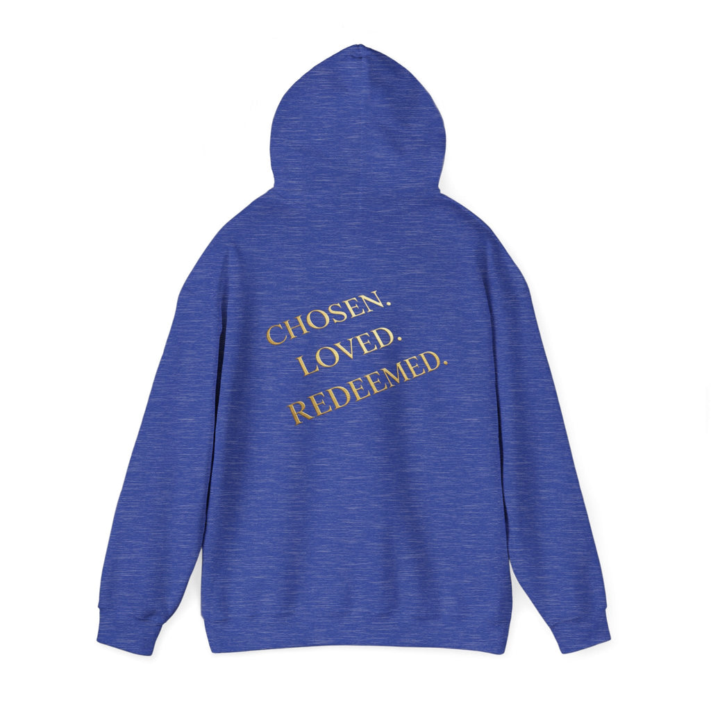 ✨ Chosen. Loved. Redeemed. – Elegant Christian Hoodie | Gold Foil Faith Tee | Subtle Cross & Heart Design | Inspirational Bible Verse Apparel by Uplifted Gear Printify
