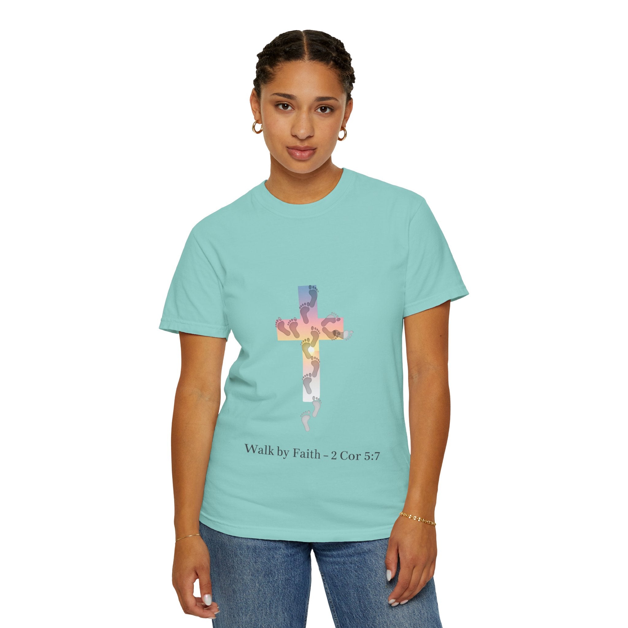 Walk by Faith T-Shirt – Cross & Footprints Christian Tee for Bold Believers Printify
