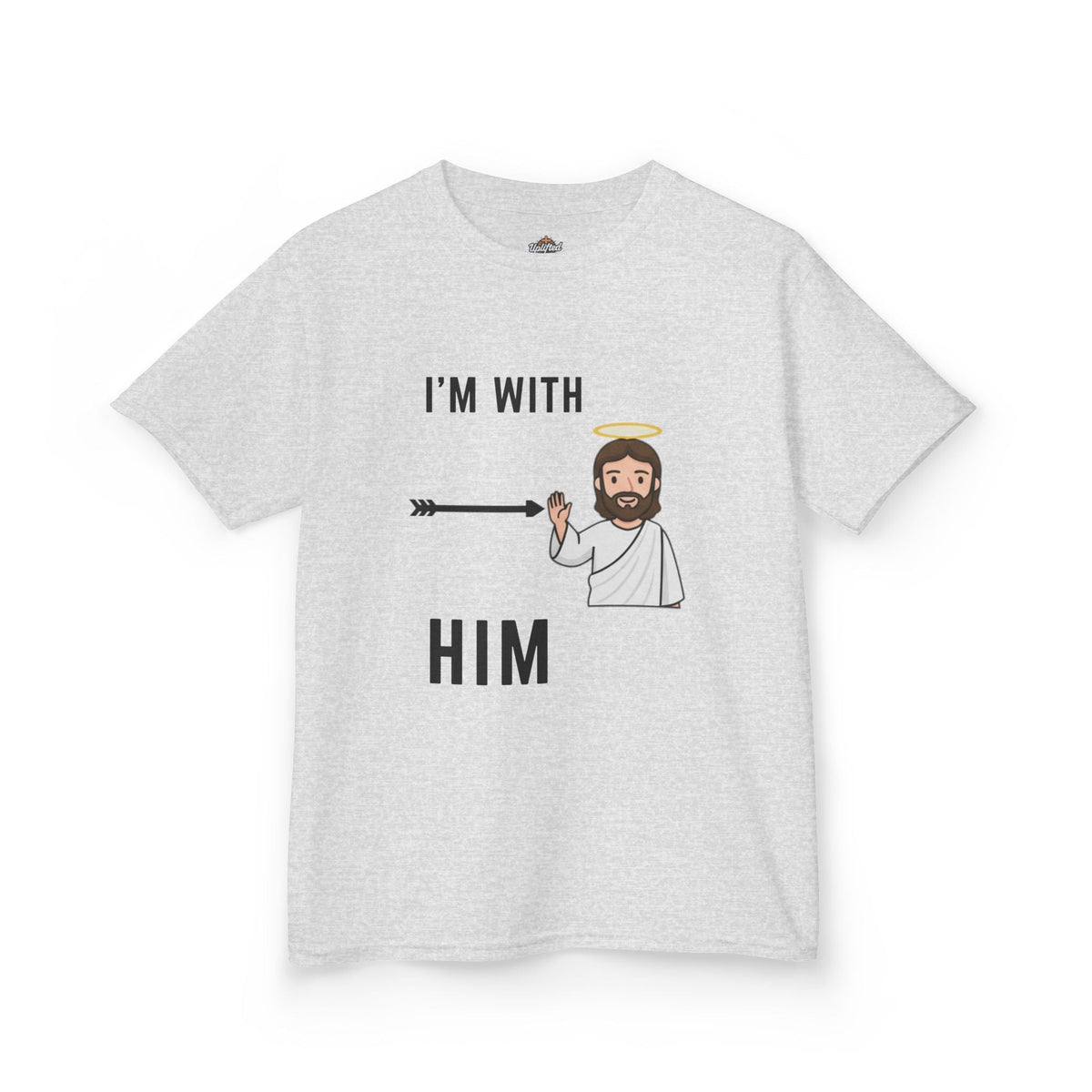 🔥 I’m With Him → Christian Kids T-Shirt | Arrow Pointing to Jesus | Minimalist Faith Tee | Subtle Cross Design | Bible-Inspired Apparel by Uplifted Gear Printify