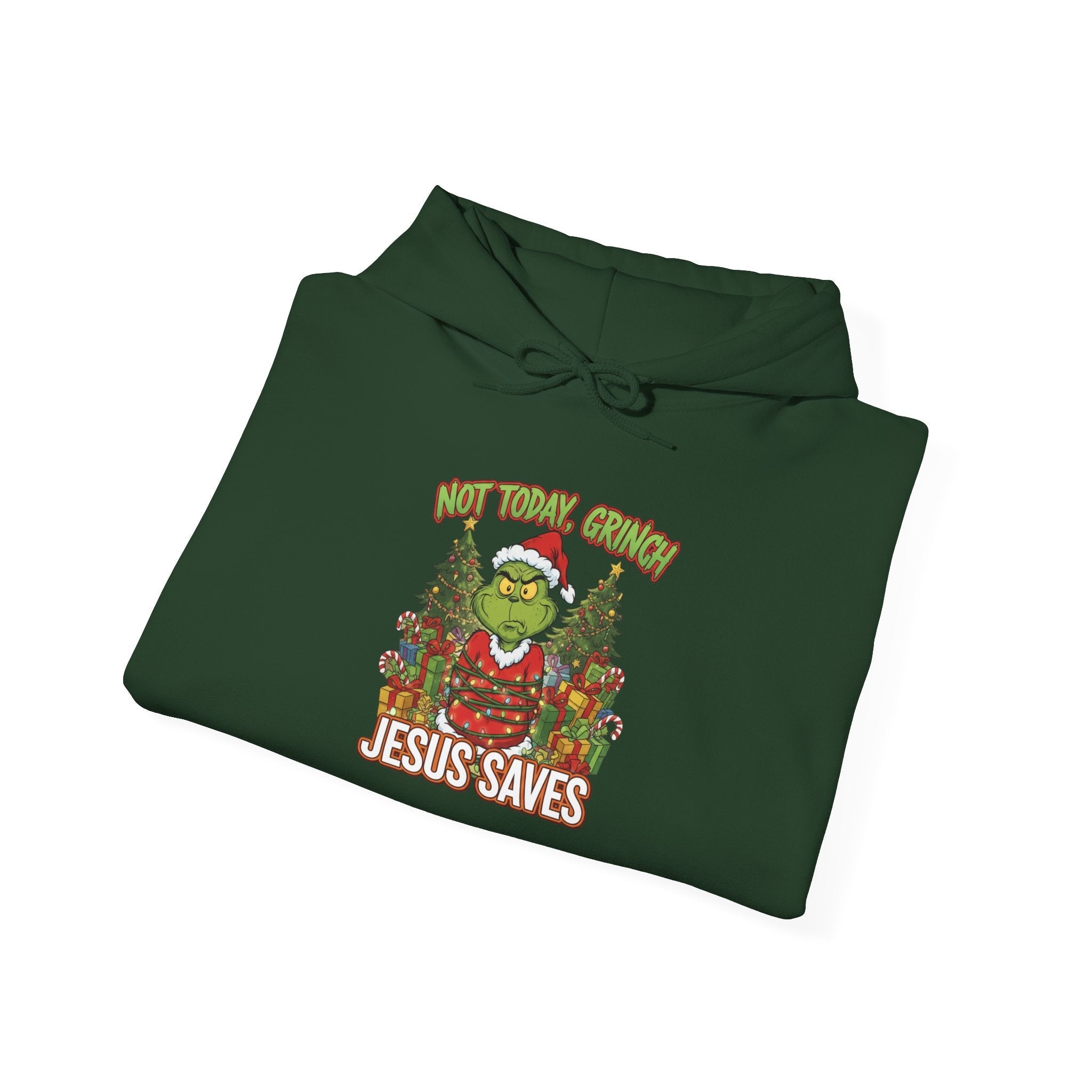 🎄 Not Today, Grinch – Jesus Saves | Funny Christian Christmas Hoodie | Sulking Grinch & Glowing Cross | Bold Neon Faith Tee by Uplifted Gear Printify