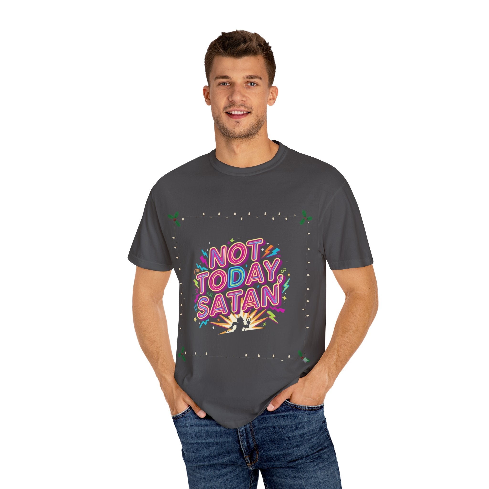 🔥 Not Today, Satan – Retro 90s Christian T-Shirt | Neon Faith Tee | Funky Cartoon Devil | Bold Bible Verse Shirt | Uplifted Gear Printify