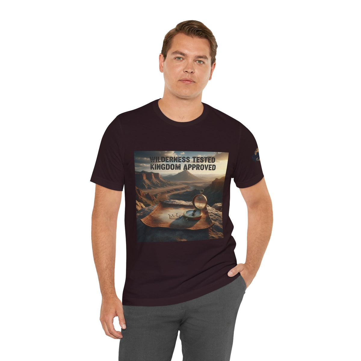 Wilderness Tested Kingdom Approved T-shirt – Mountain Desert Compass Crown Christian T-shirt for Biblical Adventure Faith Printify
