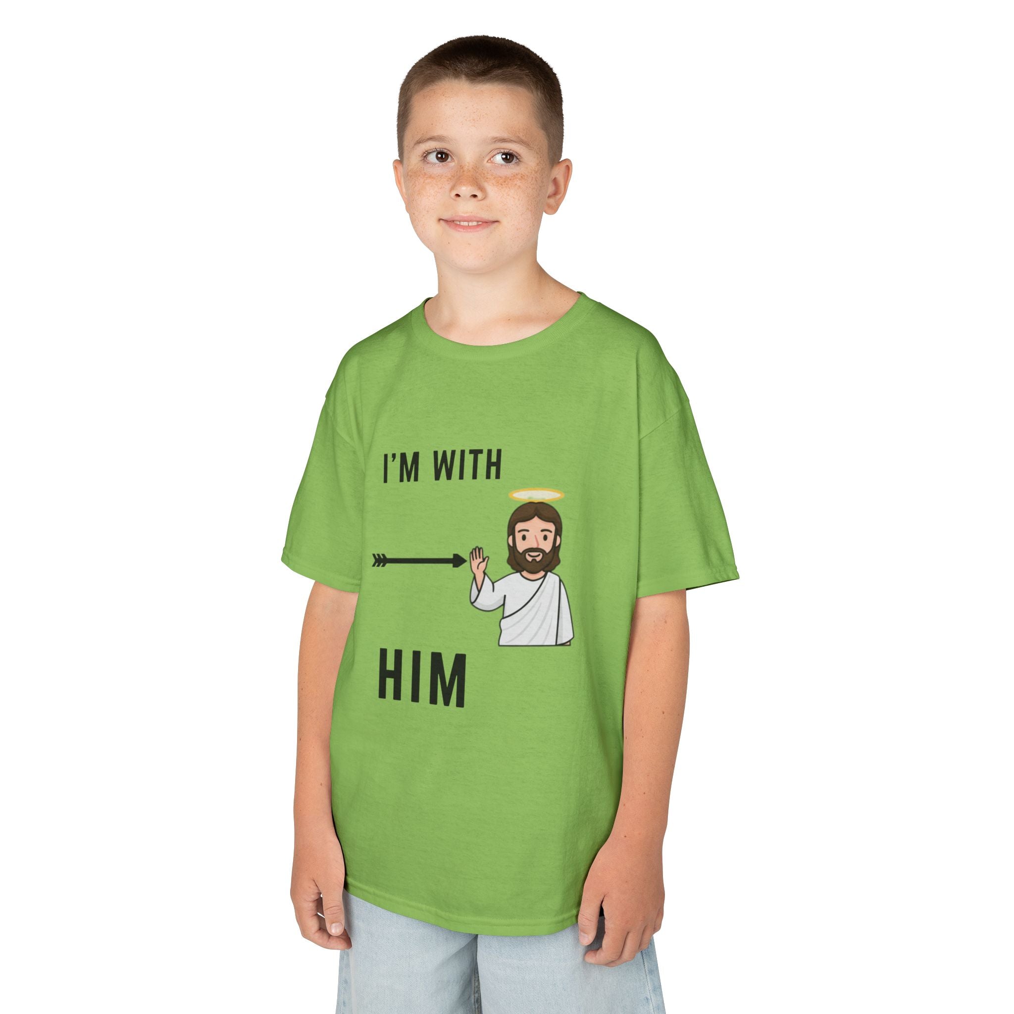 🔥 I’m With Him → Christian Kids T-Shirt | Arrow Pointing to Jesus | Minimalist Faith Tee | Subtle Cross Design | Bible-Inspired Apparel by Uplifted Gear Printify