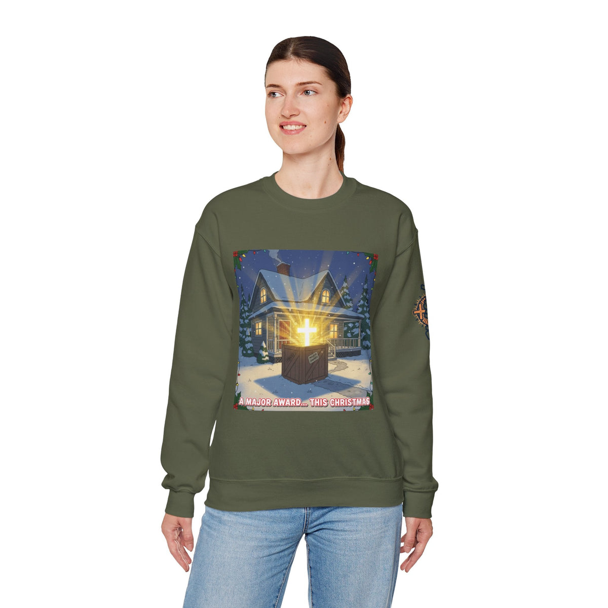 A Major Award This Christmas Sweatshirt – Fragile Leg Lamp Parody Cross Unboxing Christian Sweatshirt for Hilarious Faith & Holiday Glow Printify