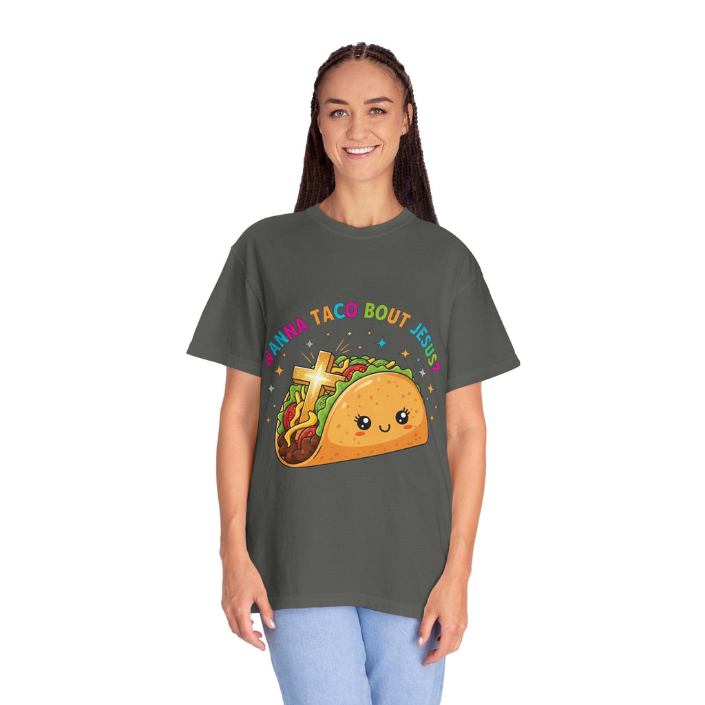 Wanna Taco 'Bout Jesus? Funny Christian Pun T-Shirt – Lettuce Pray & Share Faith! Printify