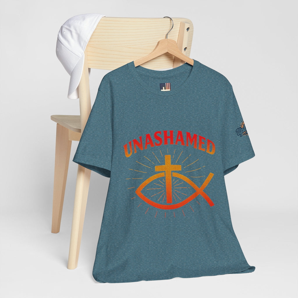 Unashamed T-shirt – Ichthys Jesus Fish & Cross Christian T-shirt for Romans 1:16 Bold Faith Printify