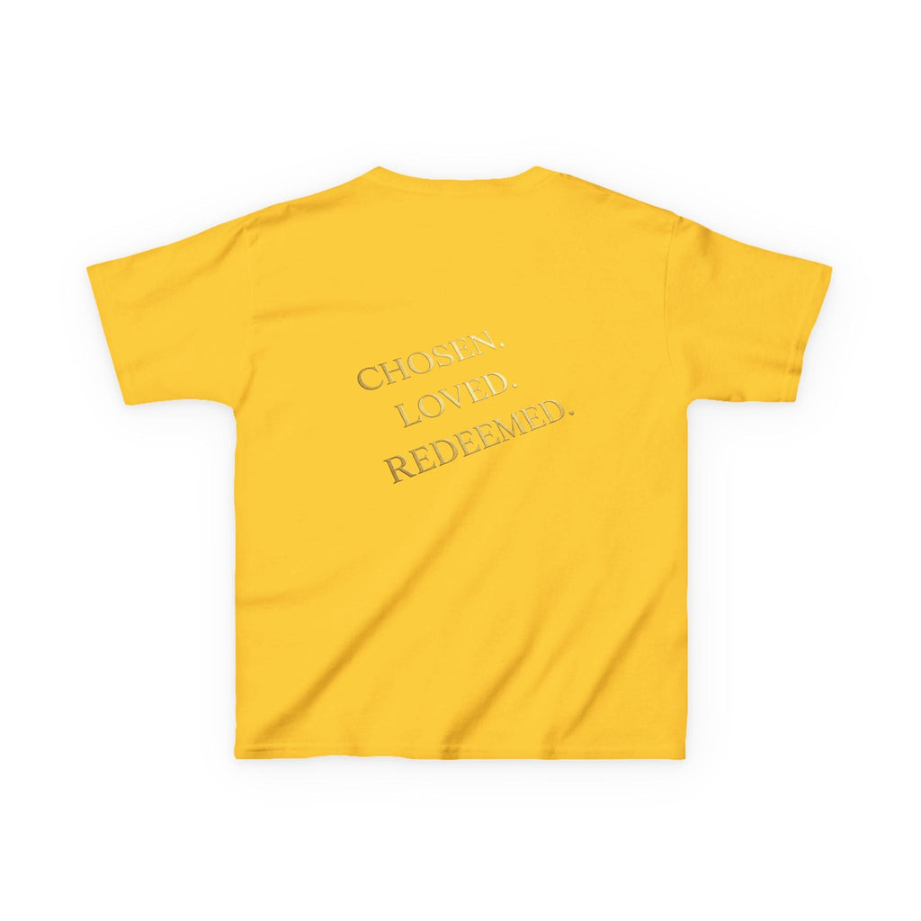✨ Chosen. Loved. Redeemed. – Elegant Christian Kids T-Shirt | Gold Foil Faith Tee | Subtle Cross & Heart Design | Inspirational Bible Verse Apparel by Uplifted Gear Printify