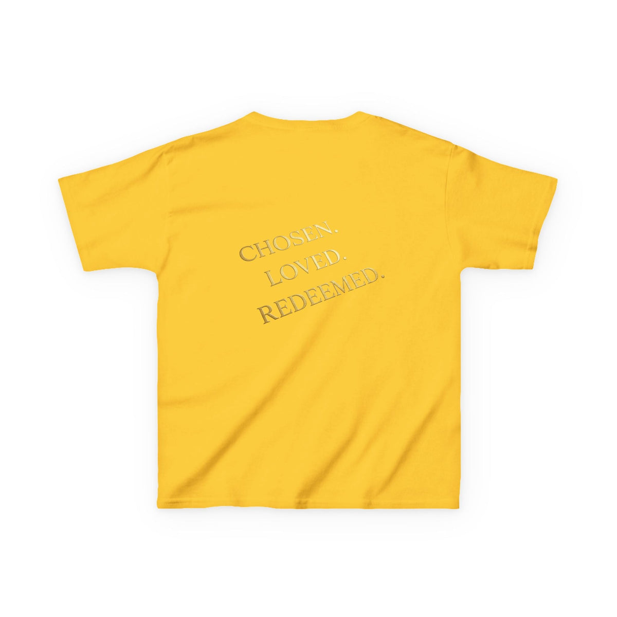 ✨ Chosen. Loved. Redeemed. – Elegant Christian Kids T-Shirt | Gold Foil Faith Tee | Subtle Cross & Heart Design | Inspirational Bible Verse Apparel by Uplifted Gear Printify