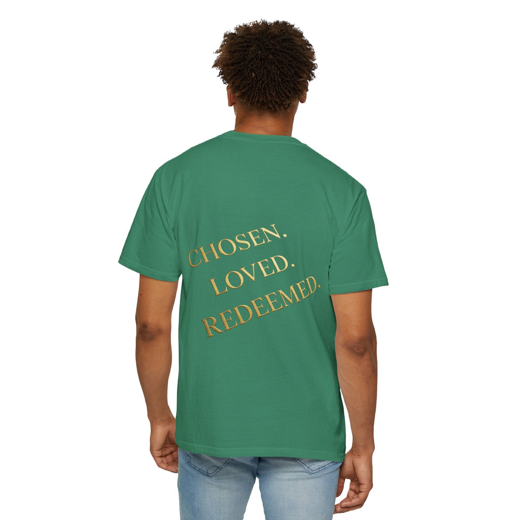 ✨ Chosen. Loved. Redeemed. – Elegant Christian T-Shirt | Gold Foil Faith Tee | Subtle Cross & Heart Design | Inspirational Bible Verse Apparel by Uplifted Gear Printify