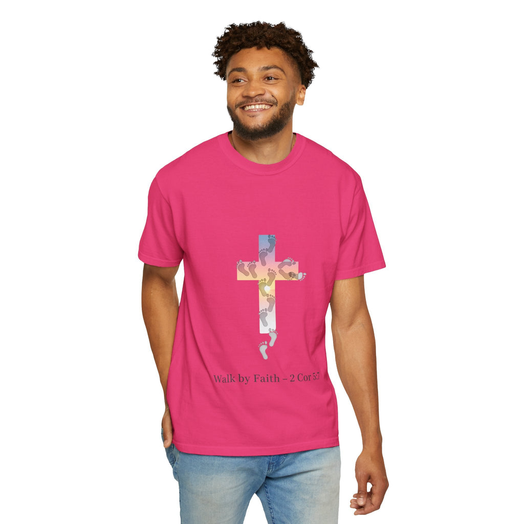 Walk by Faith T-Shirt – Cross & Footprints Christian Tee for Bold Believers Printify