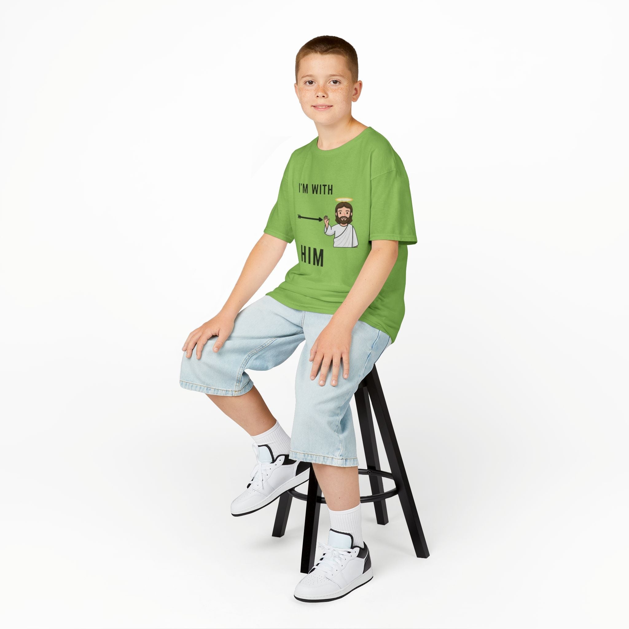 🔥 I’m With Him → Christian Kids T-Shirt | Arrow Pointing to Jesus | Minimalist Faith Tee | Subtle Cross Design | Bible-Inspired Apparel by Uplifted Gear Printify
