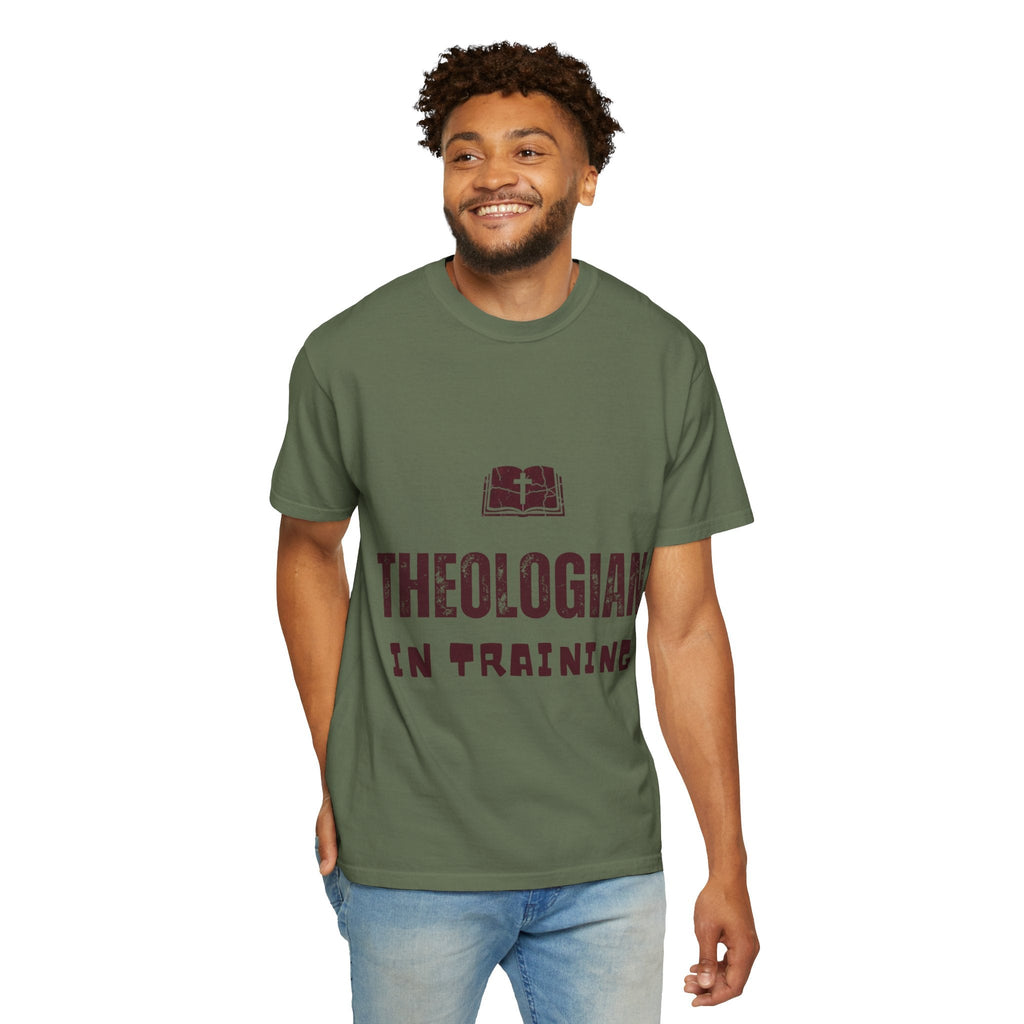 Theologian in Training T-Shirt – Open Bible & Cross Christian Tee for Faithful Learners Printify