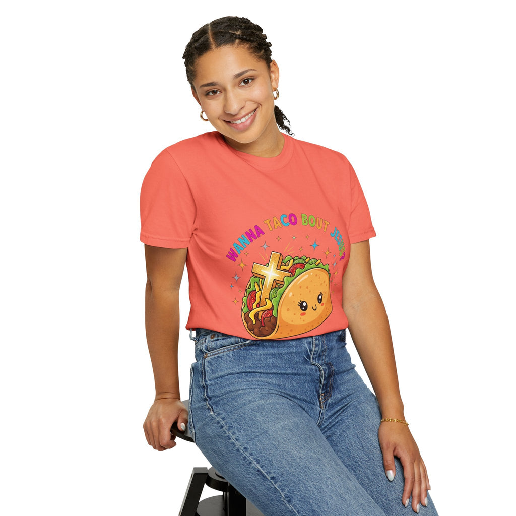 Wanna Taco 'Bout Jesus? Funny Christian Pun T-Shirt – Lettuce Pray & Share Faith! Printify