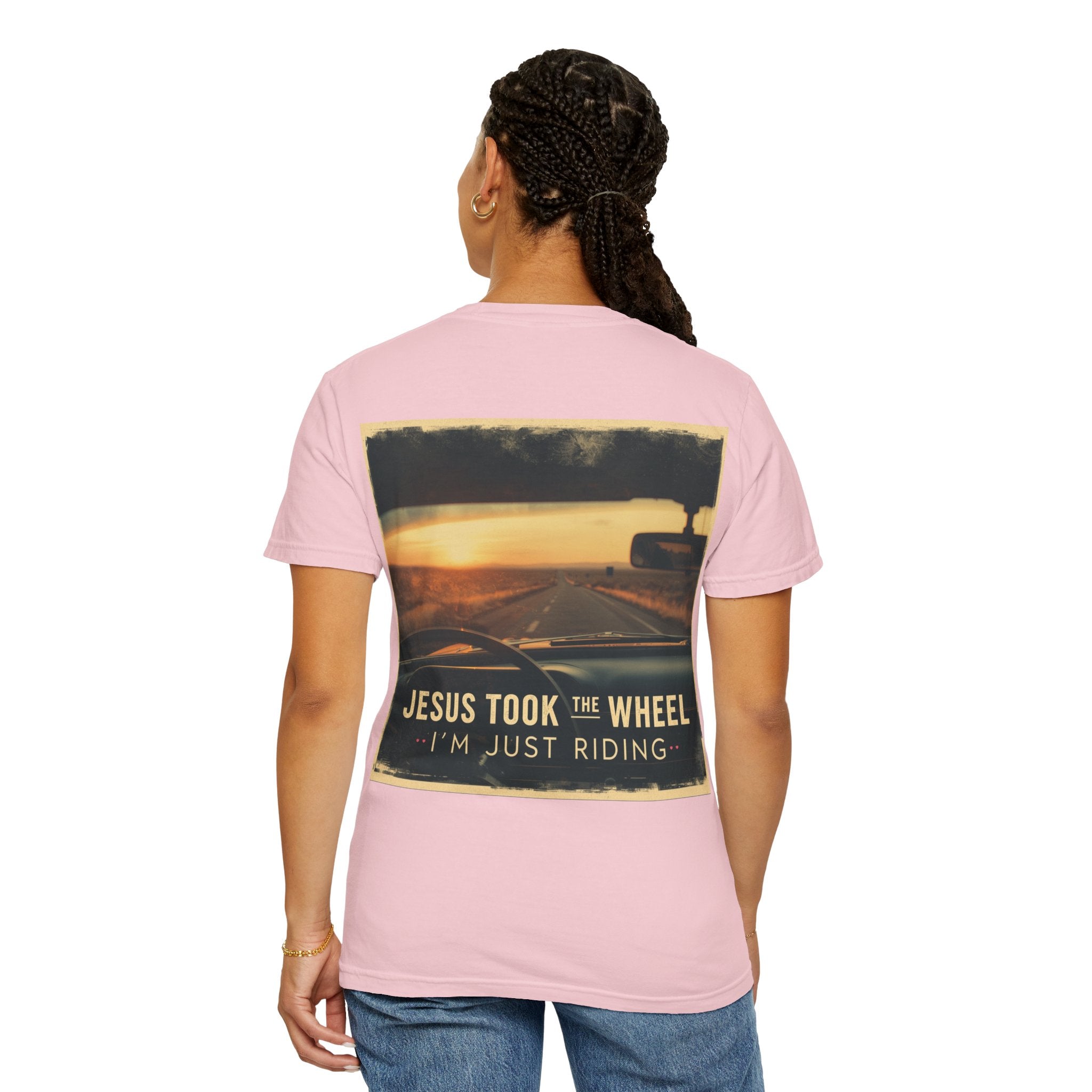 Jesus Took the Wheel I'm Just Riding T-shirt – Funny Christian Convertible Car T-shirt for Surrendered Faith & Humor Printify