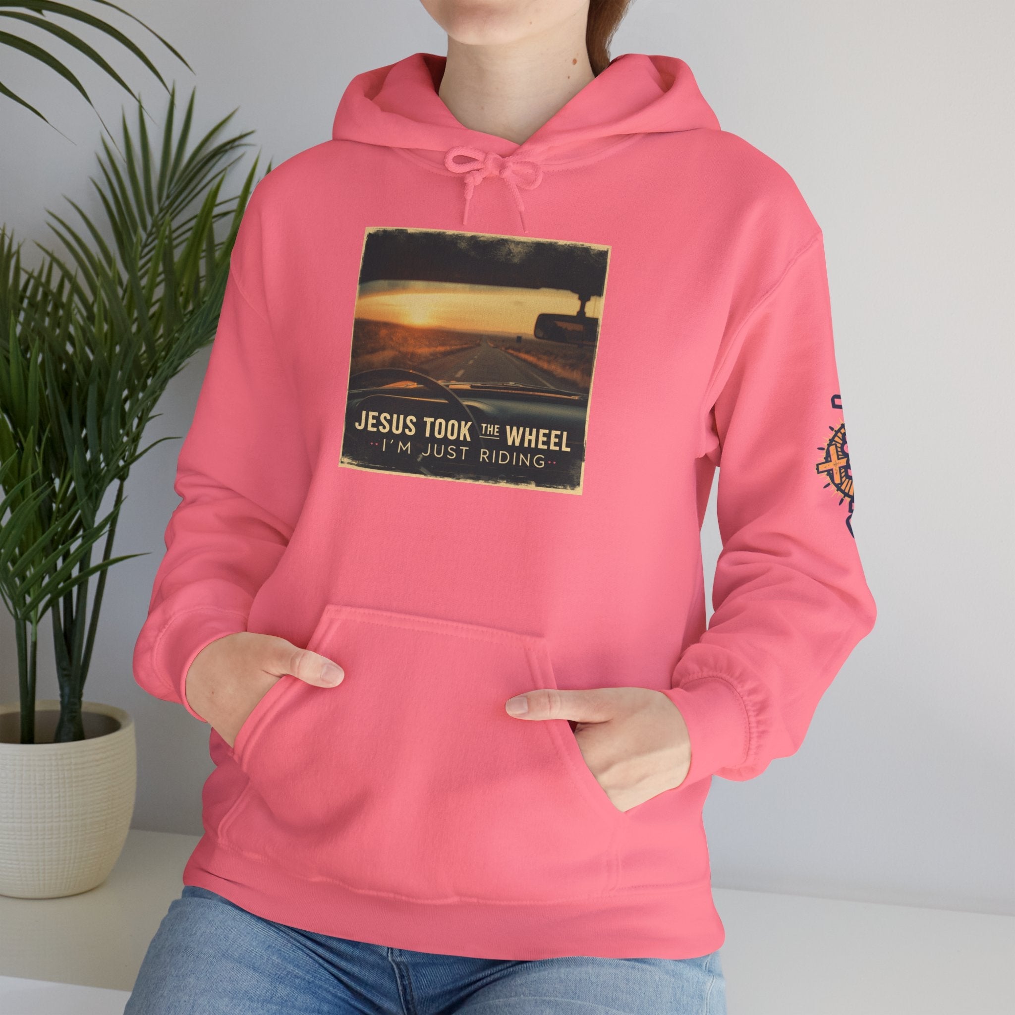Jesus Took the Wheel I'm Just Riding Hoodie – Funny Christian Convertible Car Sweatshirt for Surrendered Faith & Humor Printify