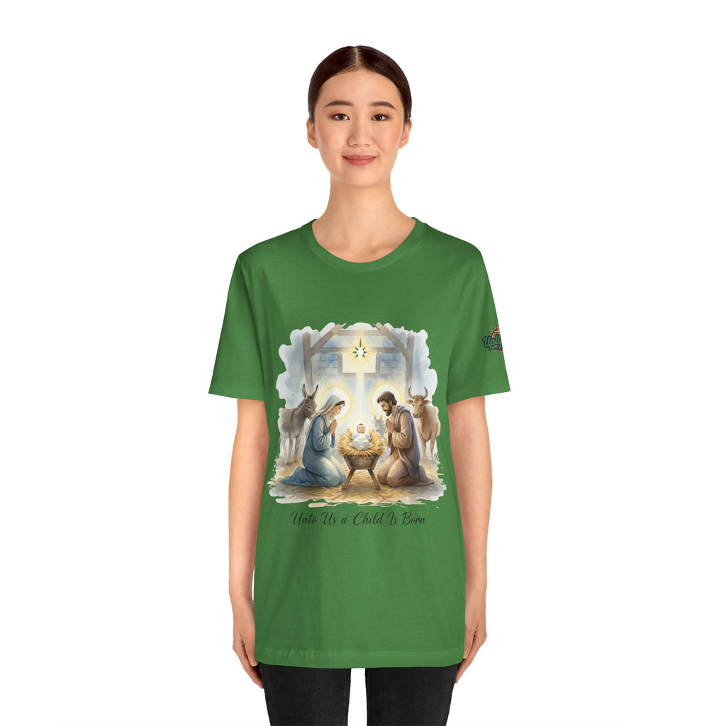 Unto Us a Child is Born T-shirt – Isaiah 9:6 Nativity Manger Scene Christian Christmas T-shirt for Holy Night Faith Printify