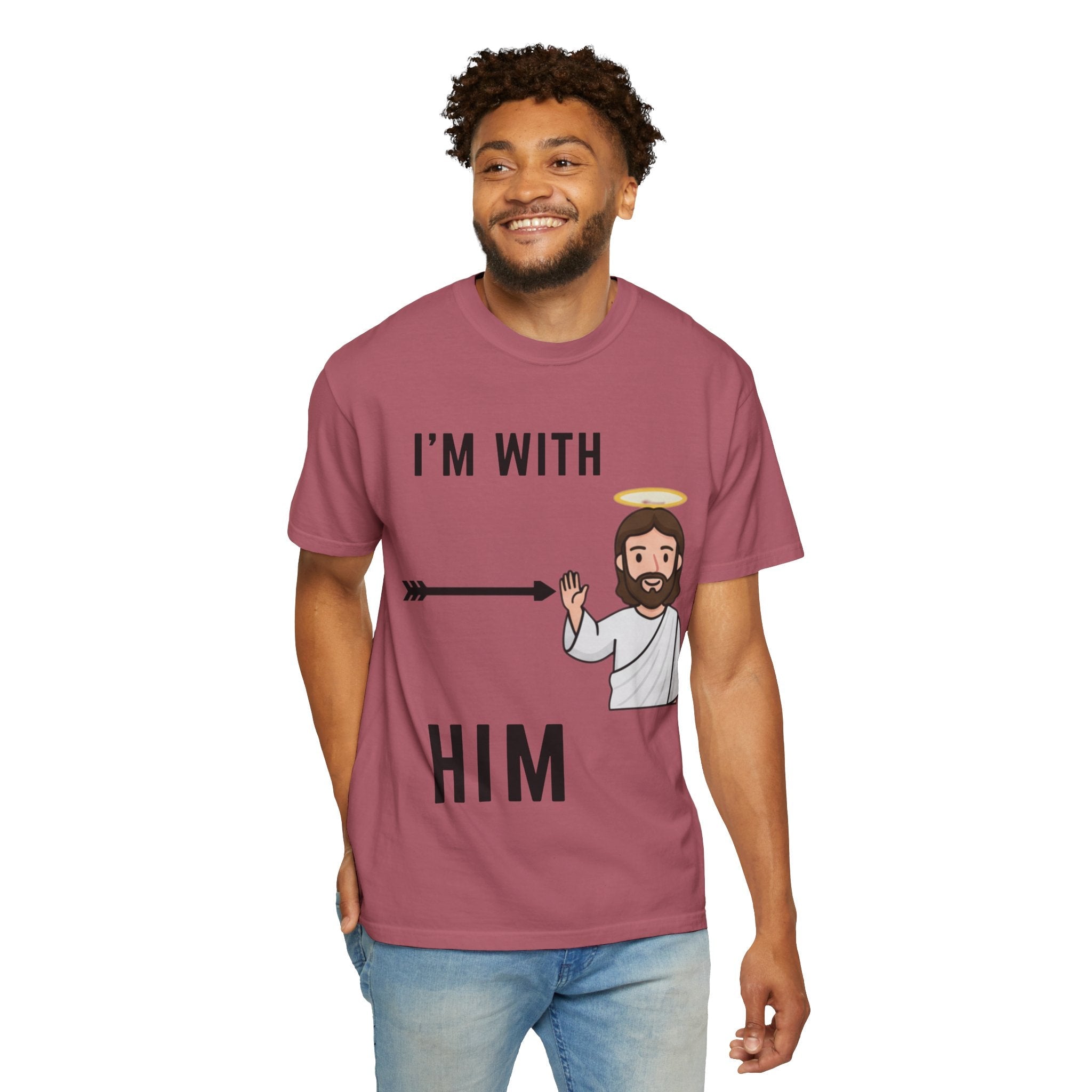 🔥 I’m With Him → Christian T-Shirt | Arrow Pointing to Jesus | Minimalist Faith Tee | Subtle Cross Design | Bible-Inspired Apparel by Uplifted Gear Printify