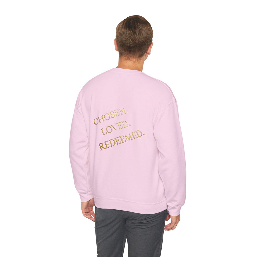 ✨ Chosen. Loved. Redeemed. – Elegant Christian Sweatshirt | Gold Foil Faith Tee | Subtle Cross & Heart Design | Inspirational Bible Verse Apparel by Uplifted Gear Printify