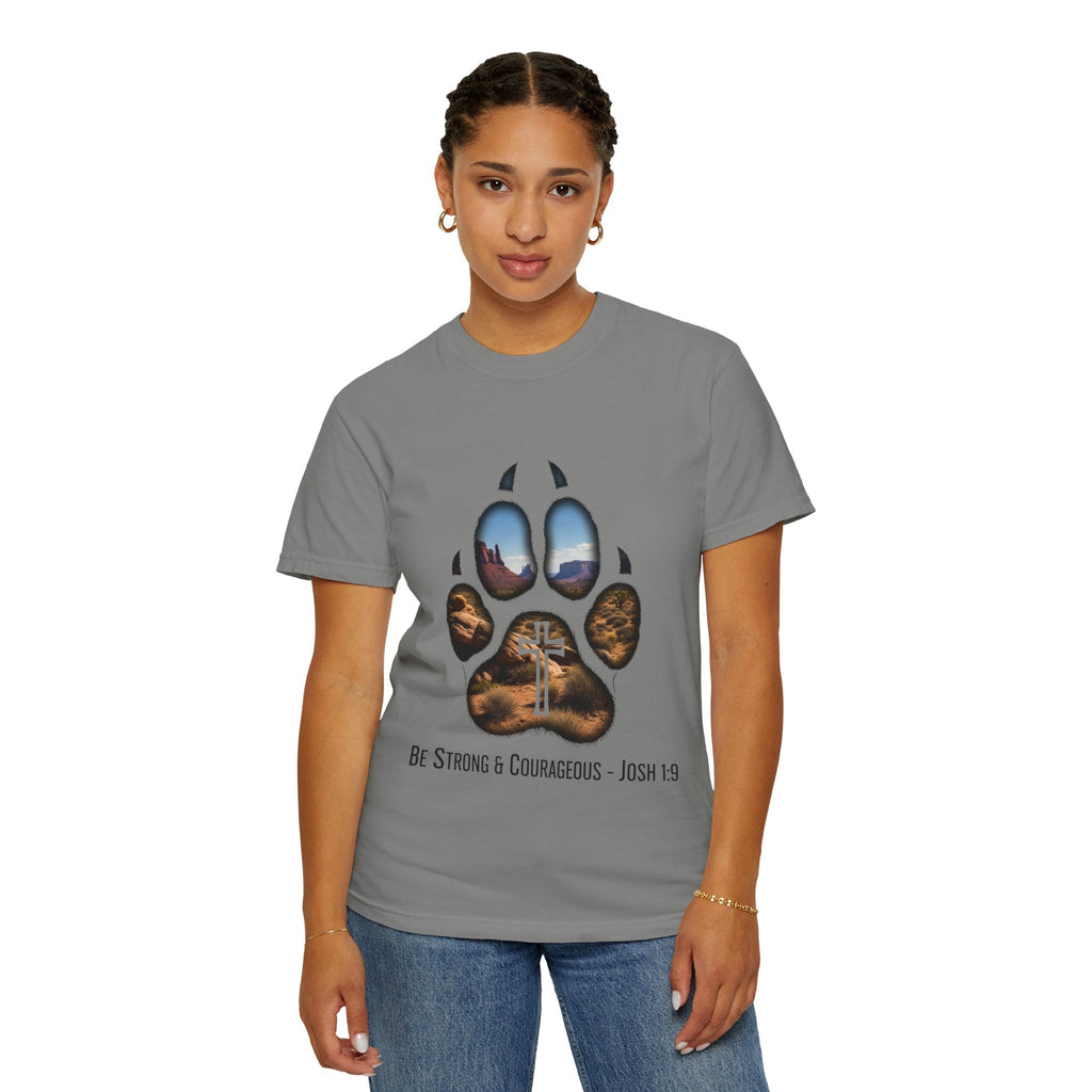 Strong and Courageous T-Shirt – Canine Pawprint Desert Joshua 1:9 Christian Tee Printify