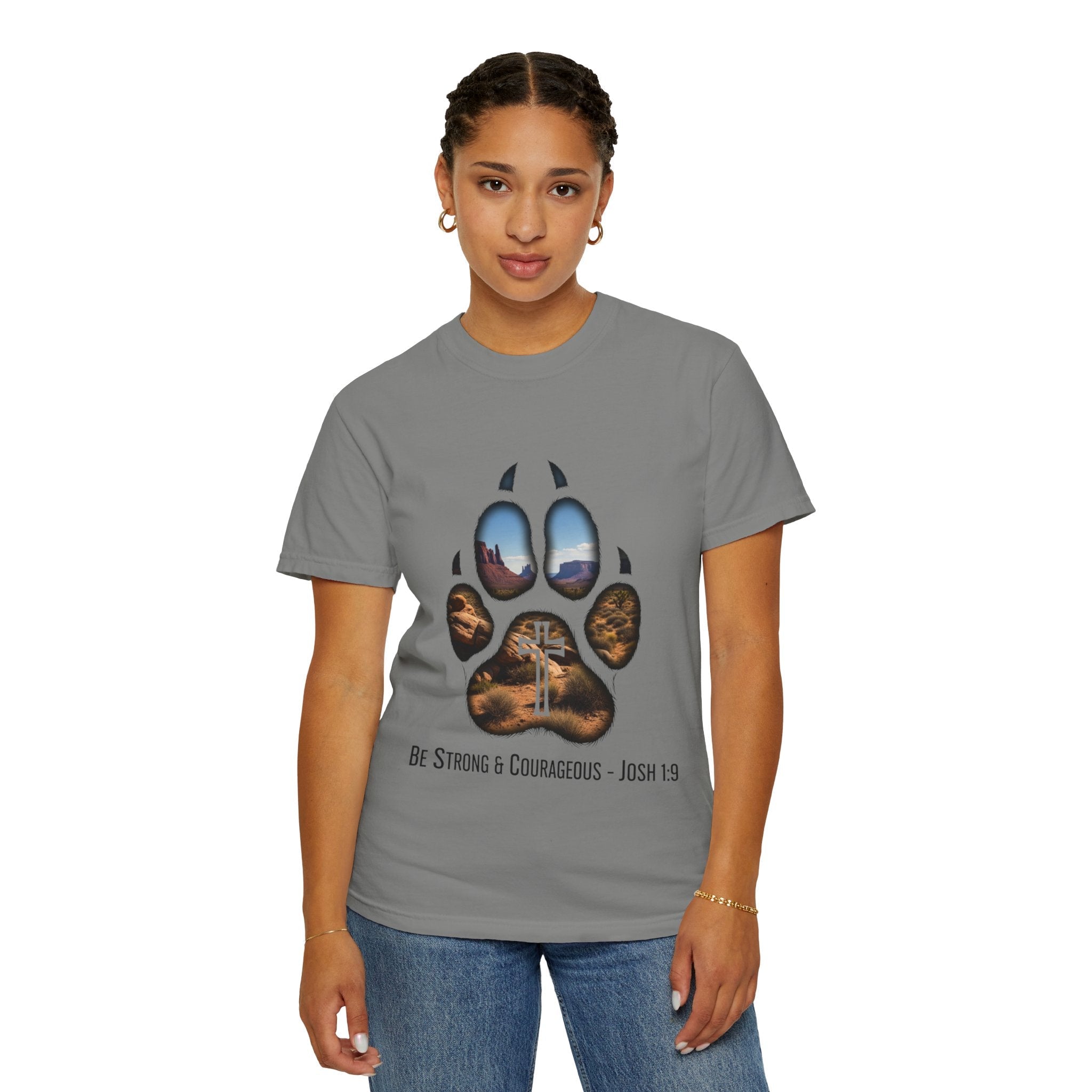 Strong and Courageous T-Shirt – Canine Pawprint Desert Joshua 1:9 Christian Tee Printify