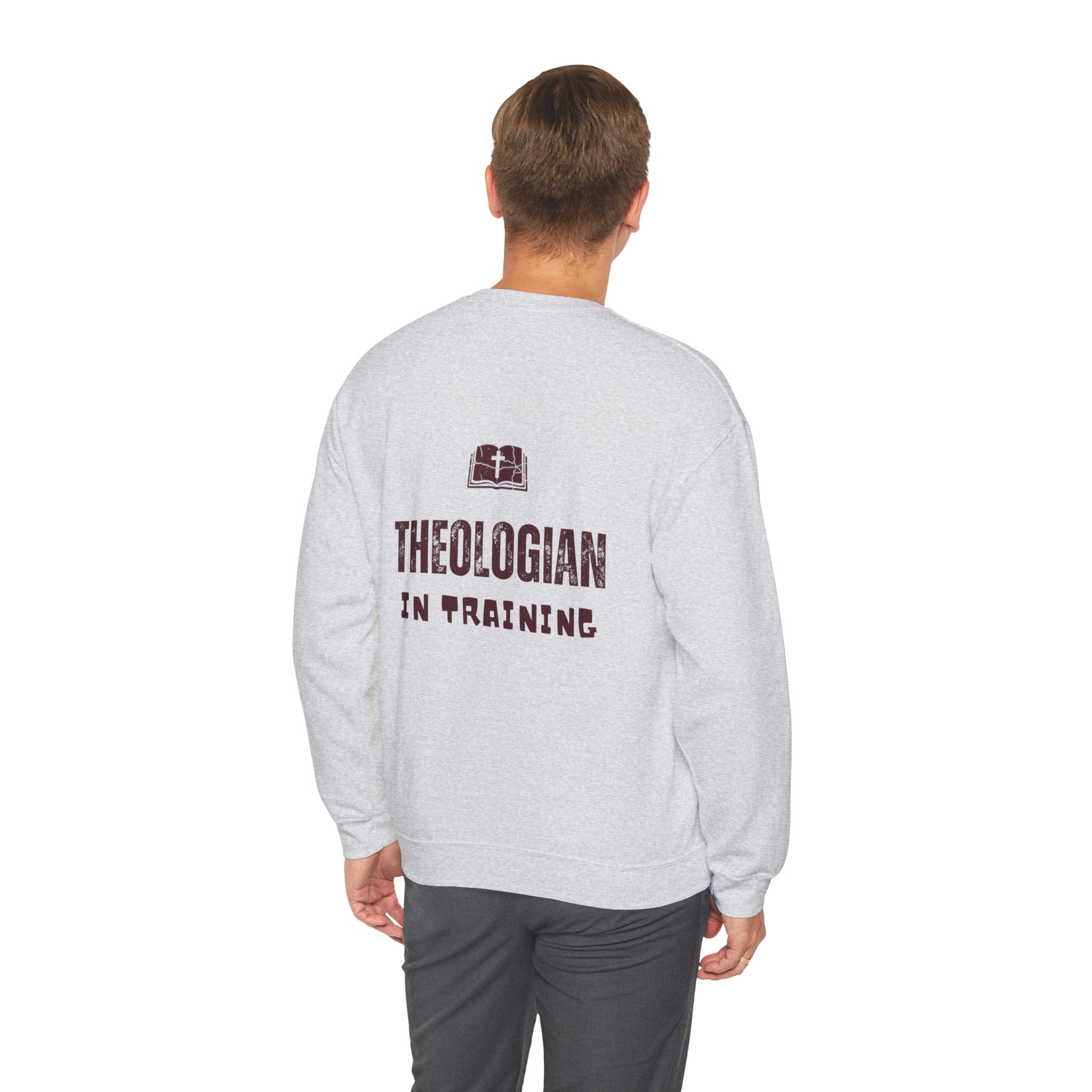 Theologian in Training Sweatshirt – Open Bible & Cross Christian Sweatshirt for Faithful Growth Printify