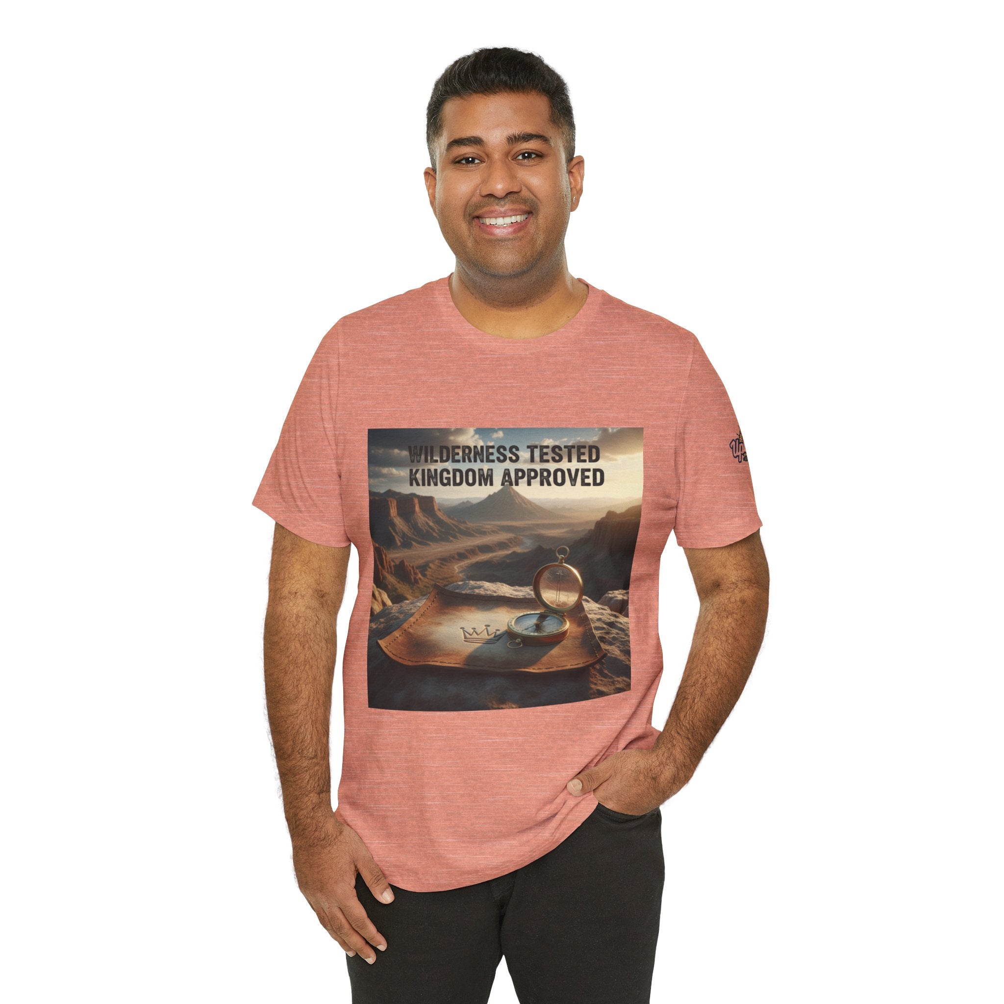 Wilderness Tested Kingdom Approved T-shirt – Mountain Desert Compass Crown Christian T-shirt for Biblical Adventure Faith Printify