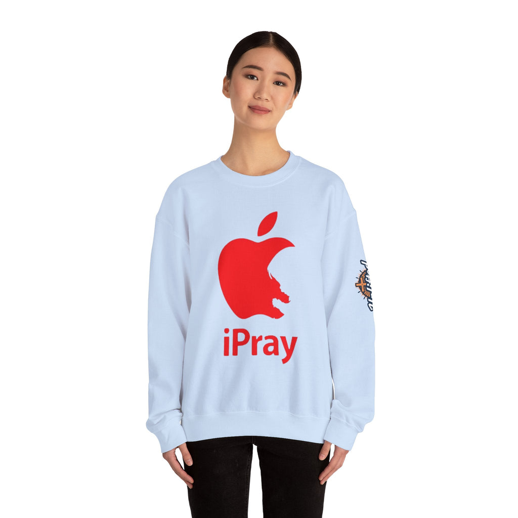 iPray Apple Logo Sweatshirt — Funny Christian Sweatshirt (Minimal Red Apple Graphic) Printify