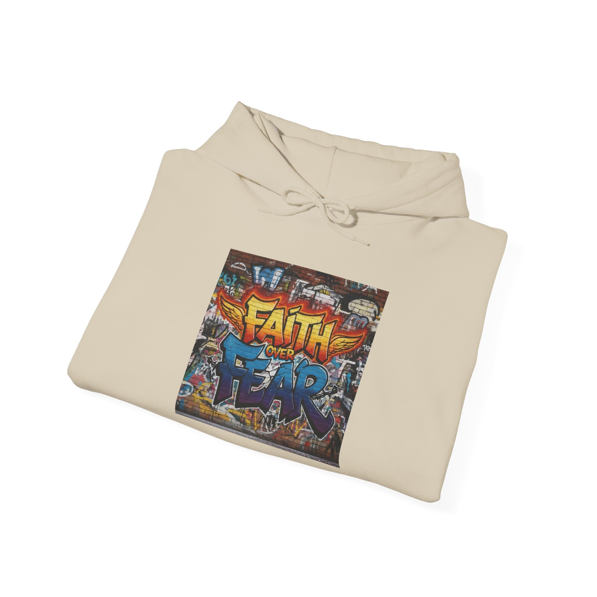 Faith Over Fear Hoodie – Graffiti Wall Christian Sweatshirt for Bold 2 Corinthians 5:7 Streetwear & Unshakable Faith Printify
