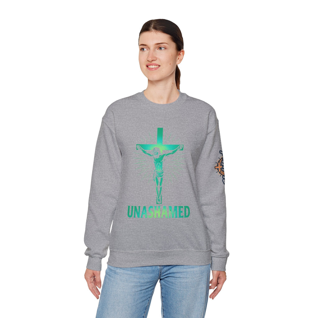 Unashamed Sweatshirt – Romans 1:16 Crucifixion Christian Sweatshirt for Bold Unwavering Faith Printify