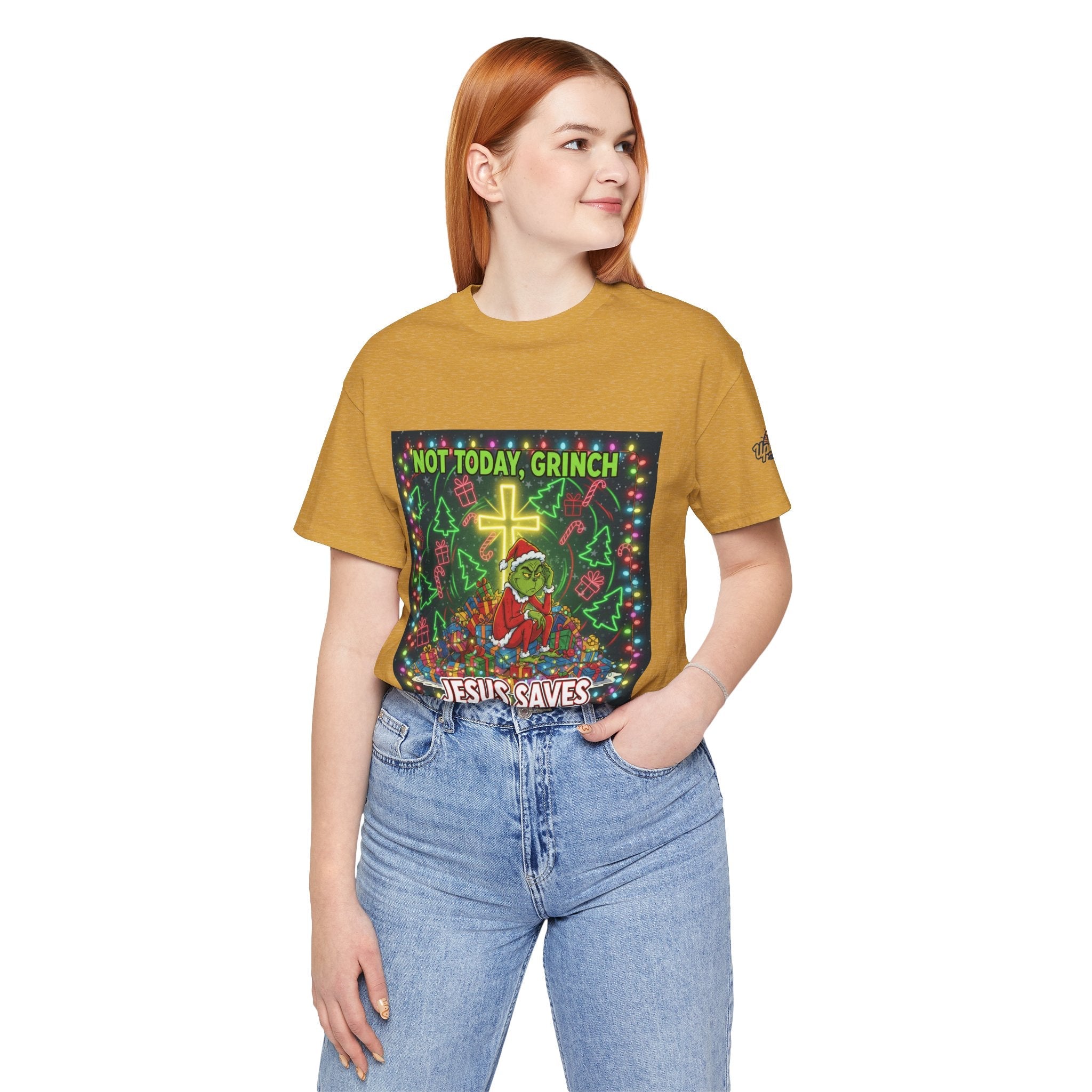 🎄 Not Today, Grinch – Jesus Saves | Funny Christian Christmas T-Shirt | Festive Green & Red Cartoon Style | Bold Faith Holiday Tee by Uplifted Gear Printify