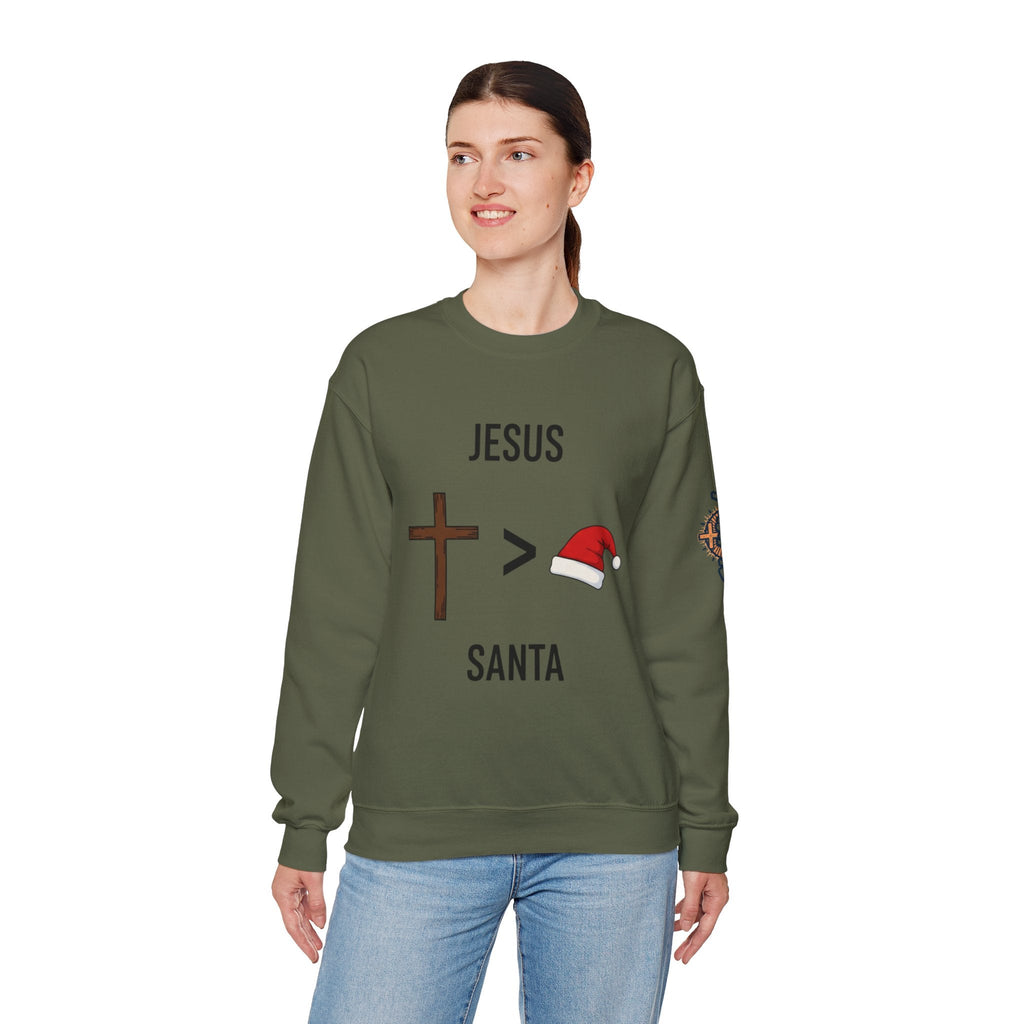 🎄 Jesus > Santa – Minimalist Christian Christmas Sweatshirt | Bold Faith Over Holiday Tee | Cross vs Santa Hat Design | Uplifted Gear Printify
