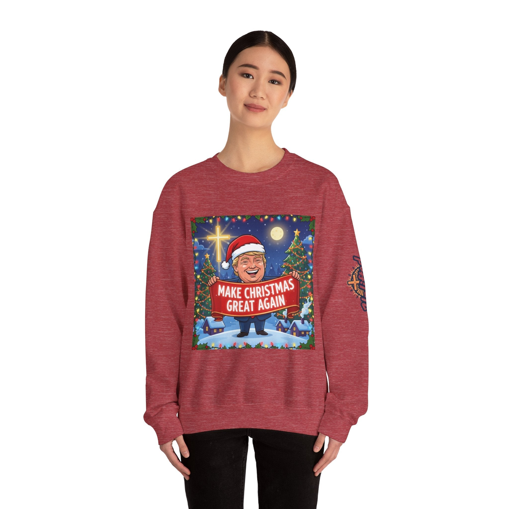 🎄 Make Christmas Great Again – Patriotic Christian Christmas Sweatshirt | Bold Holiday Faith Tee | Red & White Banner Design | Uplifted Gear Printify