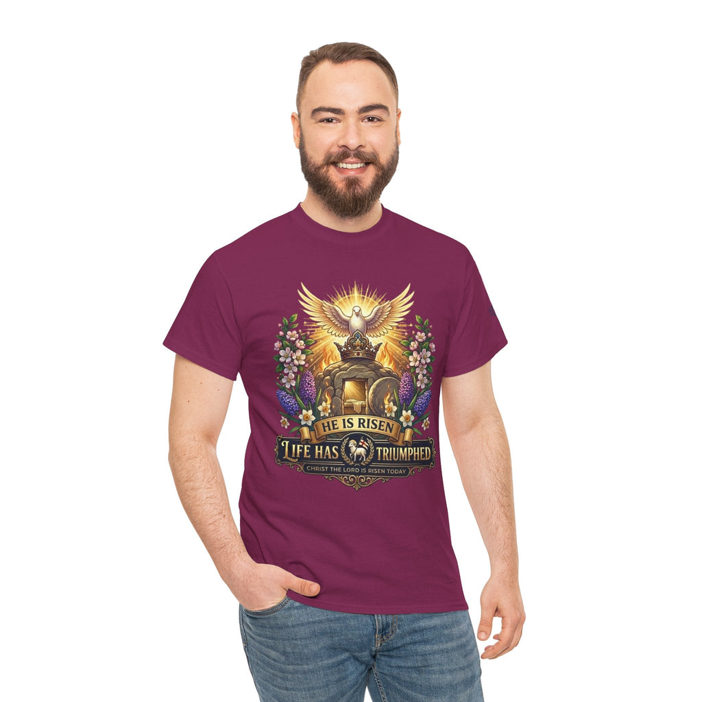 He Is Risen "Life Has Triumphed" T-Shirt — Easter Resurrection Christian Tee Printify