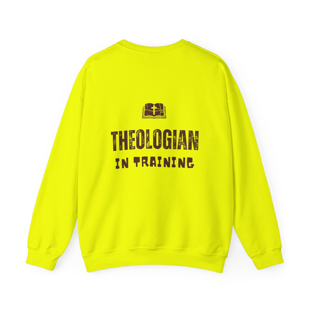 Theologian in Training Sweatshirt – Open Bible & Cross Christian Sweatshirt for Faithful Growth Printify