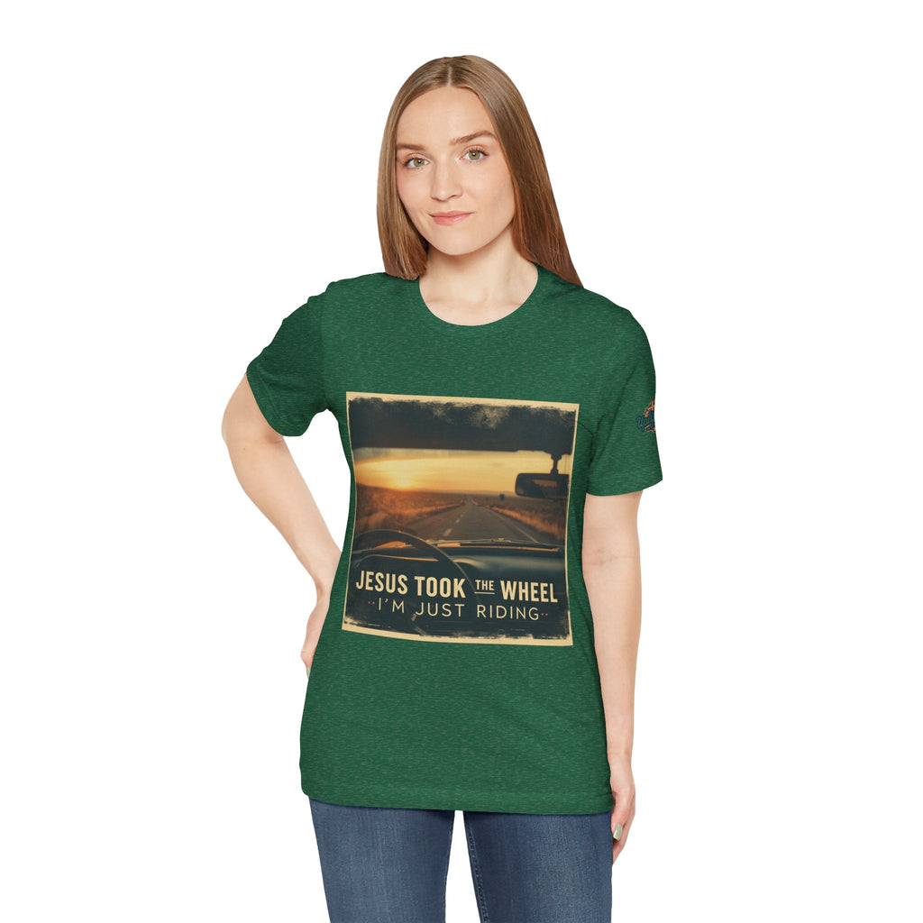 Jesus Took the Wheel I'm Just Riding T-shirt – Funny Christian Convertible Car T-shirt for Surrendered Faith & Humor Printify