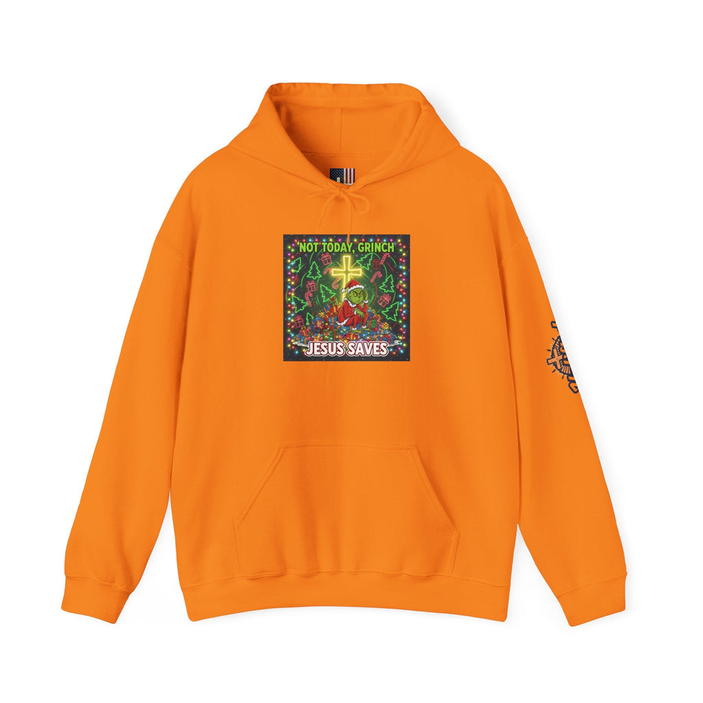 🎄 Not Today, Grinch – Jesus Saves | Funny Christian Christmas Hoodie | Festive Green & Red Cartoon Style | Bold Faith Holiday Tee by Uplifted Gear Printify