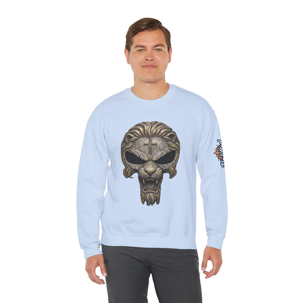 Lion of Judah Skull Christian Sweatshirt - Warrior Faith Cross Sweatshirt Printify