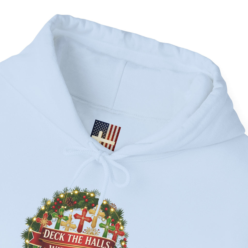 🎄 Deck the Halls with Faith – Christian Christmas Hoodie | Cross Ornament Design & Festive Garland | Bold Holiday Faith Tee by Uplifted Gear Printify