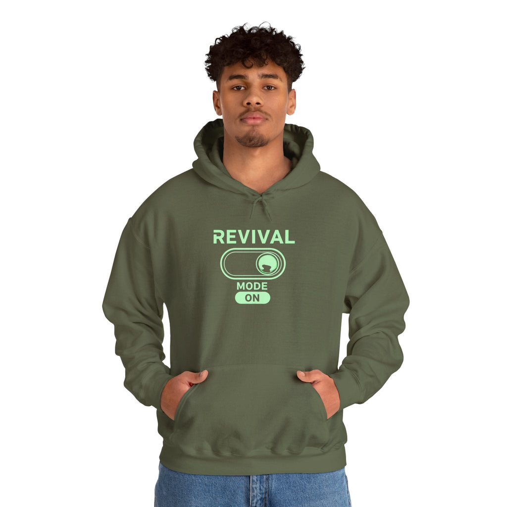 🔥 Revival Mode: ON – Christian Techwear Hoodie | Glowing Green Faith Switch | Futuristic Jesus Shirt | Activate Your Spiritual Awakening | Uplifted Gear Printify