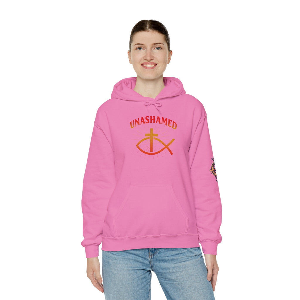 Unashamed Hoodie – Ichthys Jesus Fish & Cross Christian Sweatshirt for Romans 1:16 Bold Faith Printify