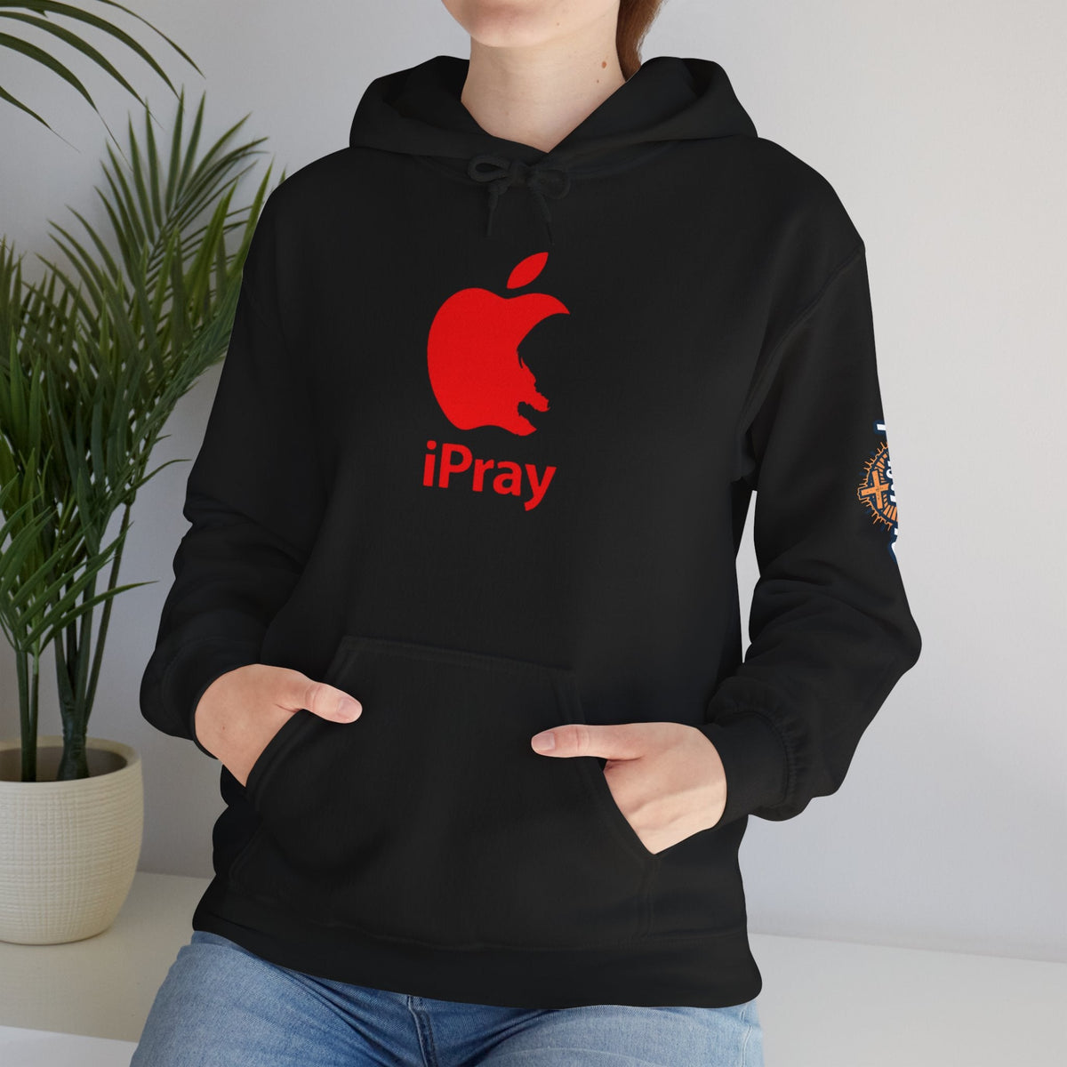 iPray Apple Logo Hoodie — Funny Christian Hoodie (Minimal Red Apple Graphic) Printify