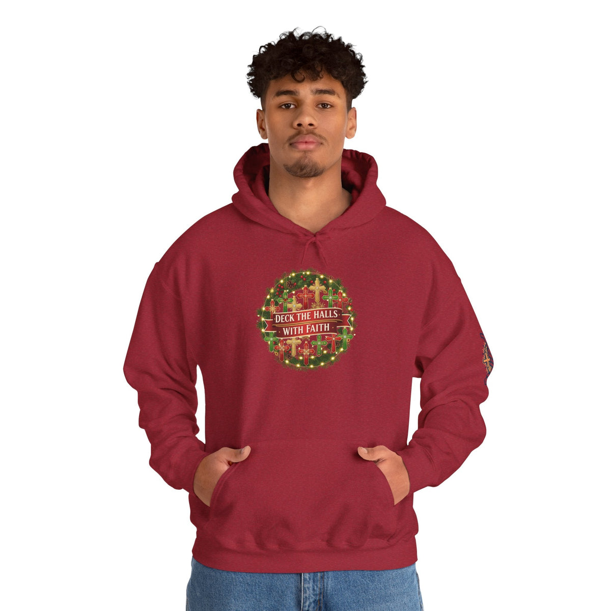 🎄 Deck the Halls with Faith – Christian Christmas Hoodie | Cross Ornament Design & Festive Garland | Bold Holiday Faith Tee by Uplifted Gear Printify