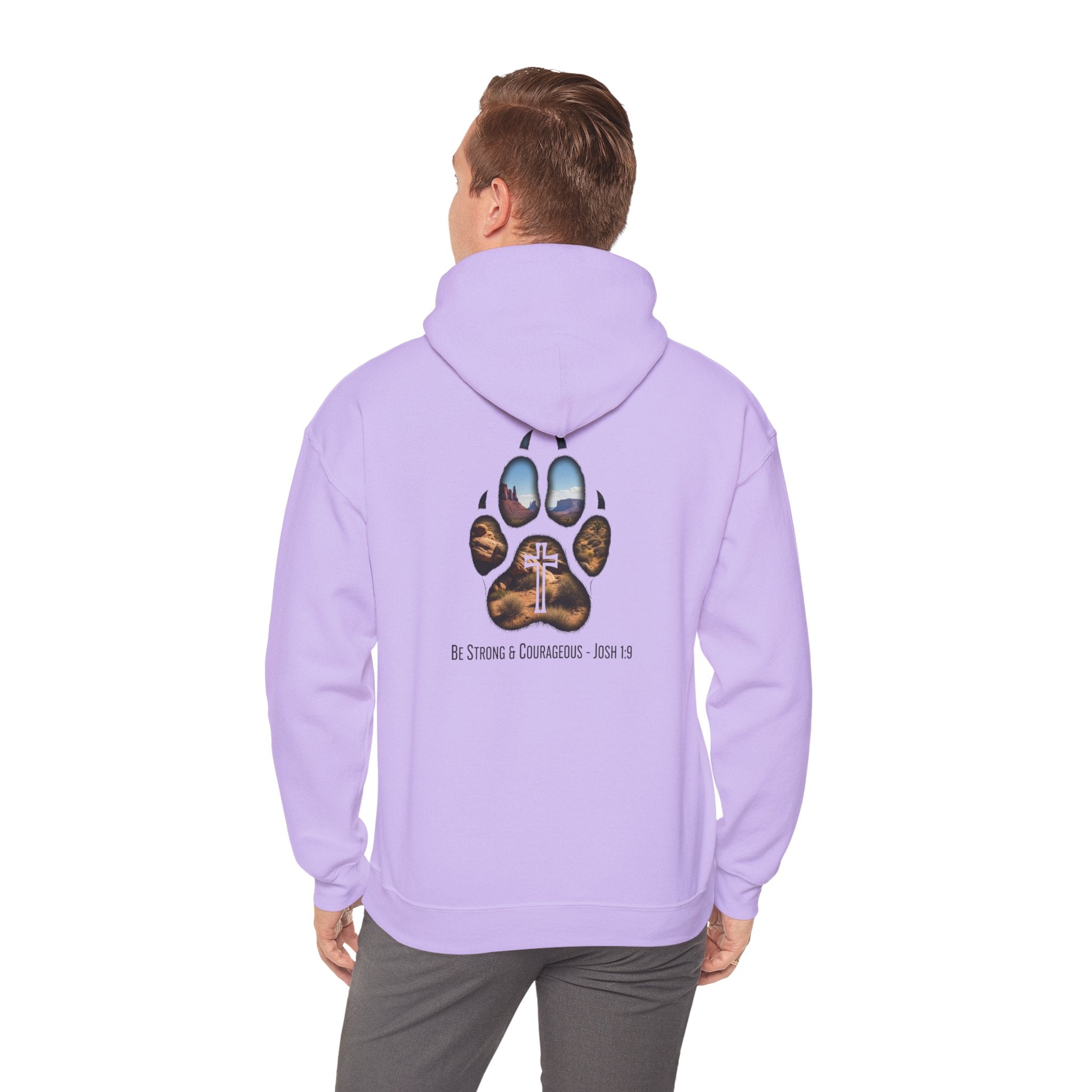 Strong and Courageous Hoodie – Joshua 1:9 Canine Pawprint Desert Christian Hoodie for Dog Lovers Printify