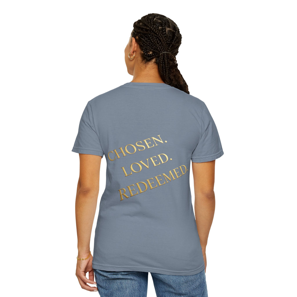 ✨ Chosen. Loved. Redeemed. – Elegant Christian T-Shirt | Gold Foil Faith Tee | Subtle Cross & Heart Design | Inspirational Bible Verse Apparel by Uplifted Gear Printify