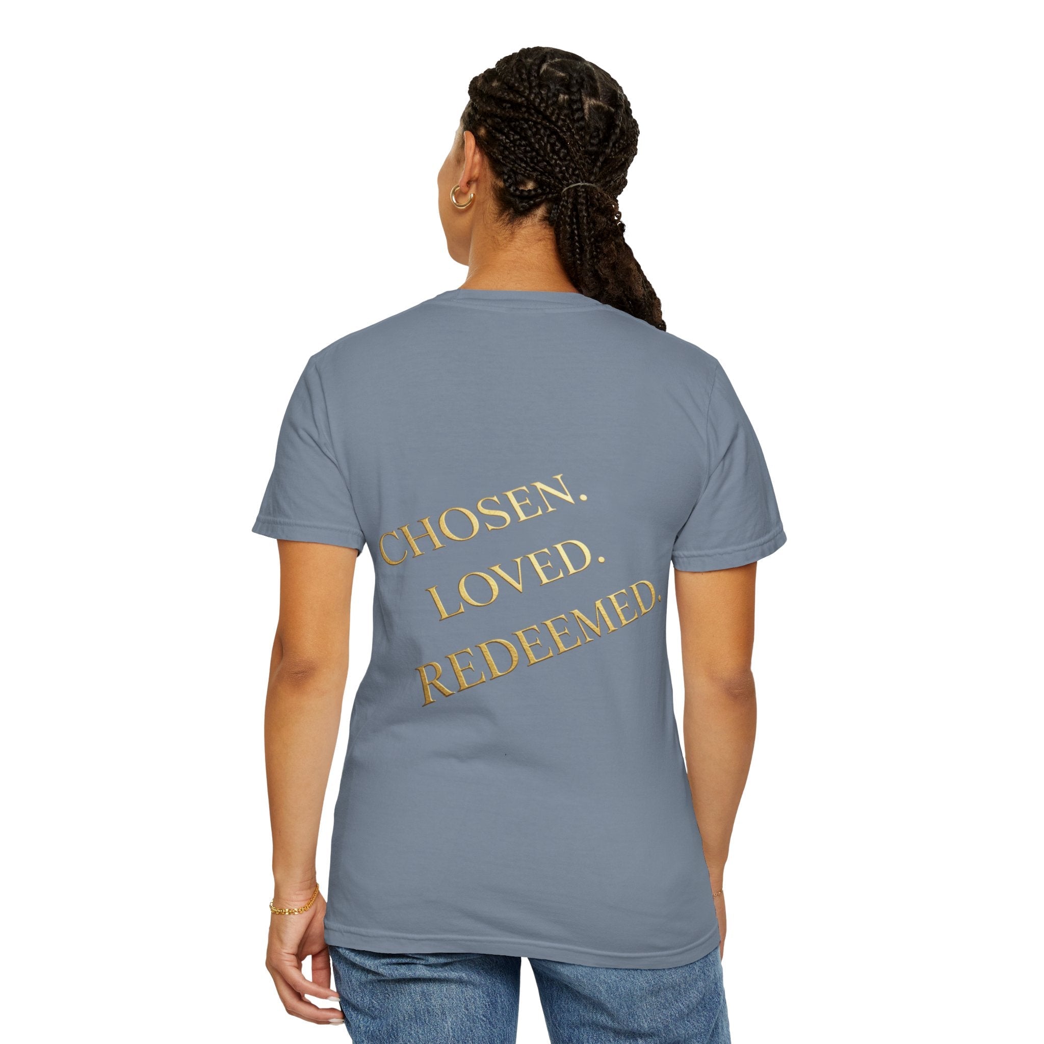 ✨ Chosen. Loved. Redeemed. – Elegant Christian T-Shirt | Gold Foil Faith Tee | Subtle Cross & Heart Design | Inspirational Bible Verse Apparel by Uplifted Gear Printify