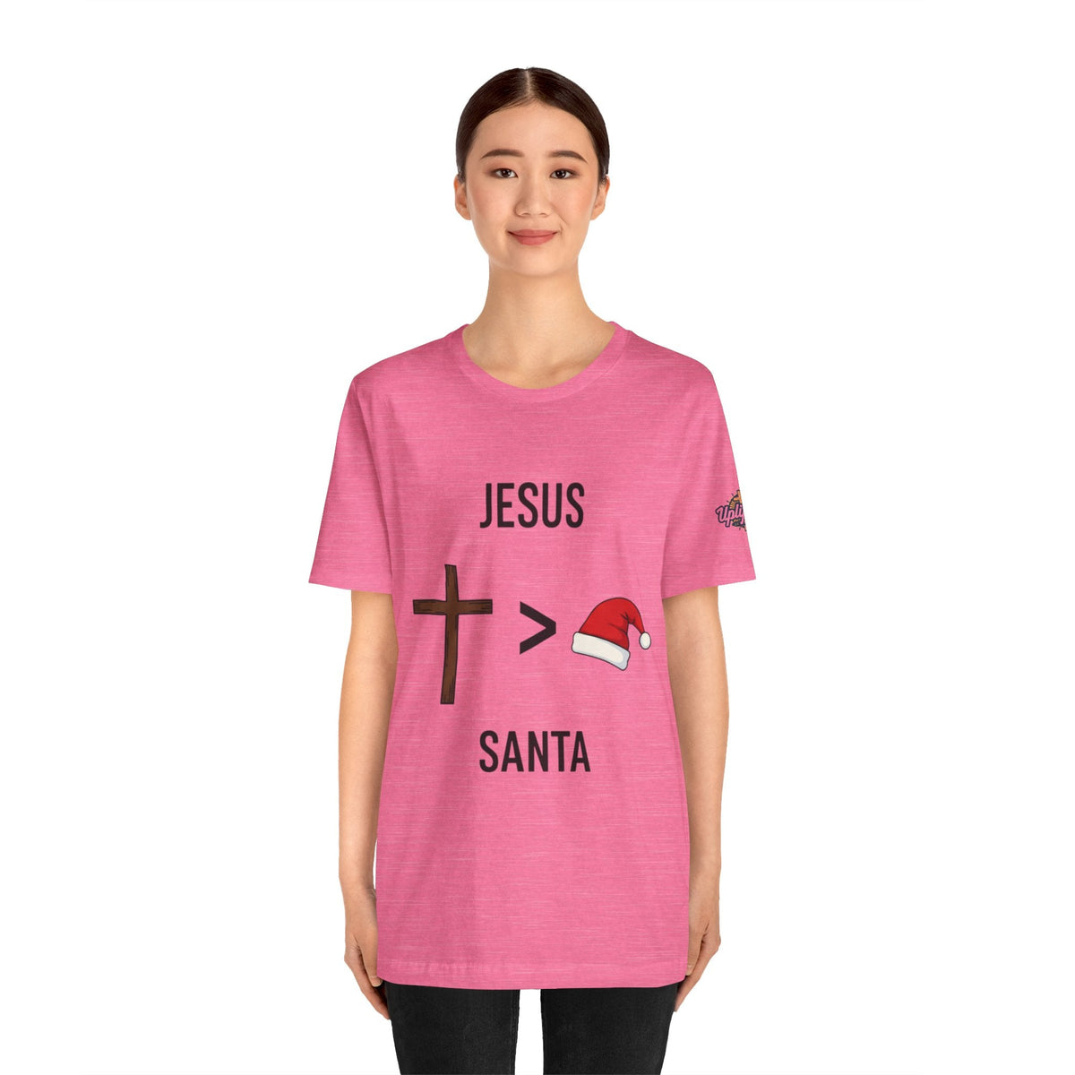 🎄 Jesus > Santa – Minimalist Christian Christmas T-Shirt | Bold Faith Over Holiday Tee | Cross vs Santa Hat Design | Uplifted Gear Printify