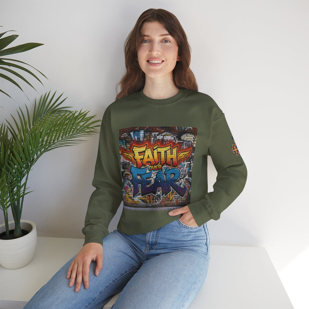 Faith Over Fear Sweatshirt – Graffiti Wall Christian Sweatshirt for Bold 2 Corinthians 5:7 Streetwear & Unshakable Faith Printify