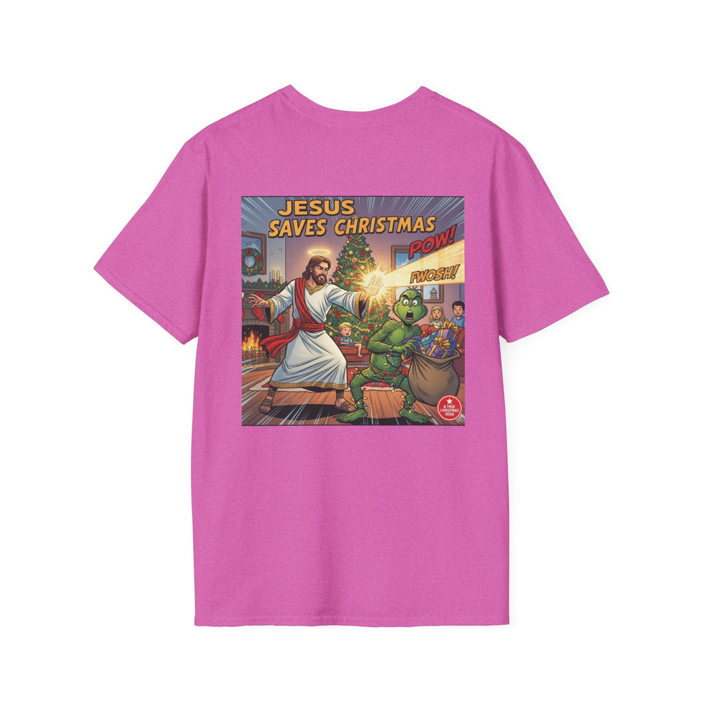Jesus Saves Christmas T-shirt – Grinch vs Savior Light Battle Christian T-shirt for Hilarious Holiday Faith & True Joy Printify